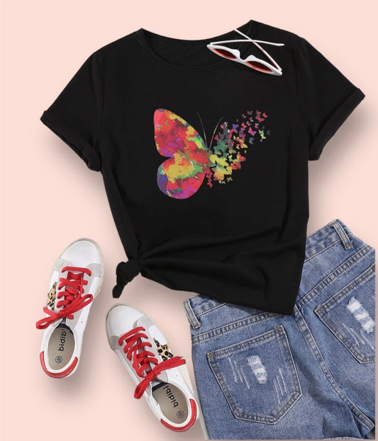 Butterfly Printed Short Sleeve Black T-shirt